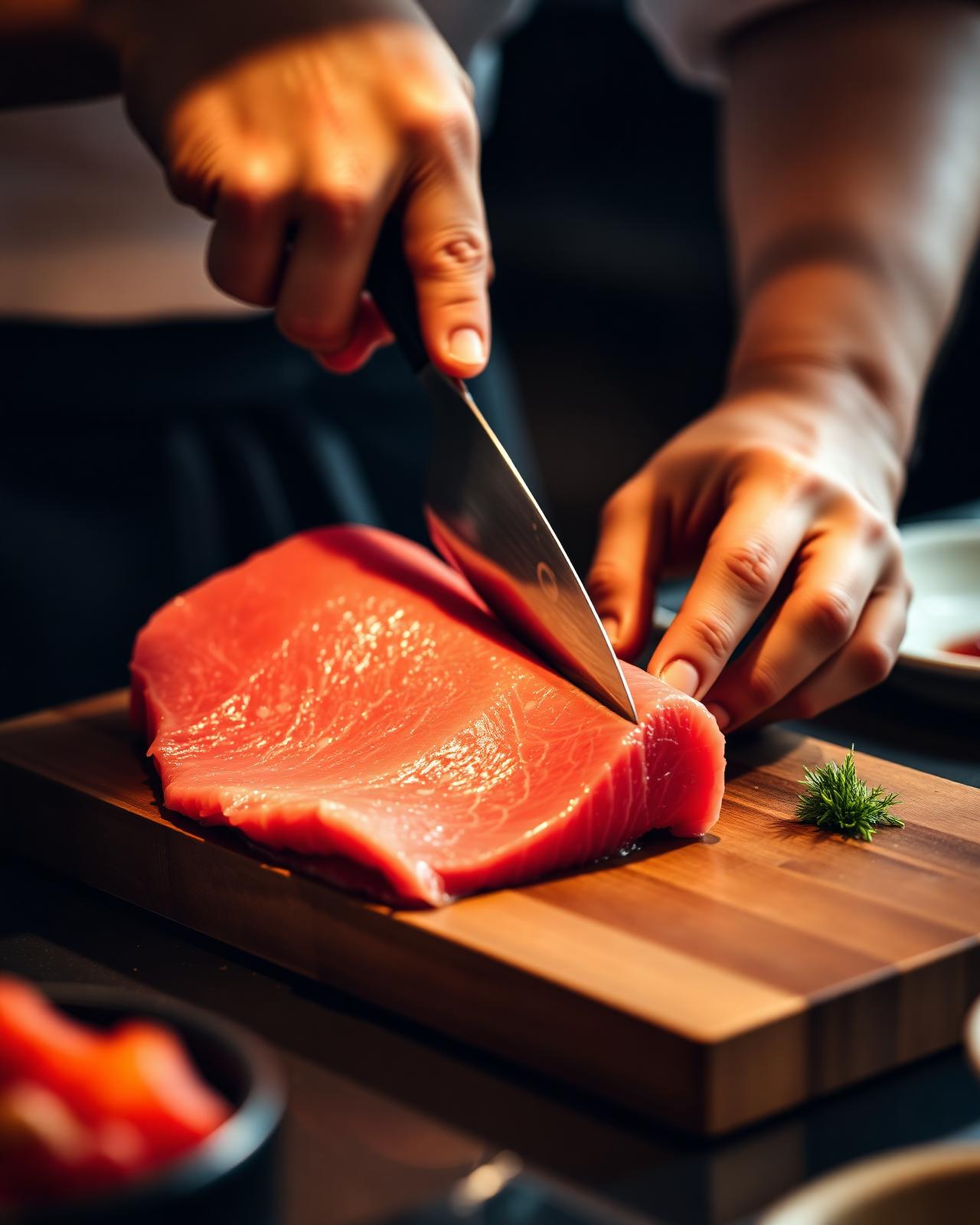 Chef slicing fresh tuna